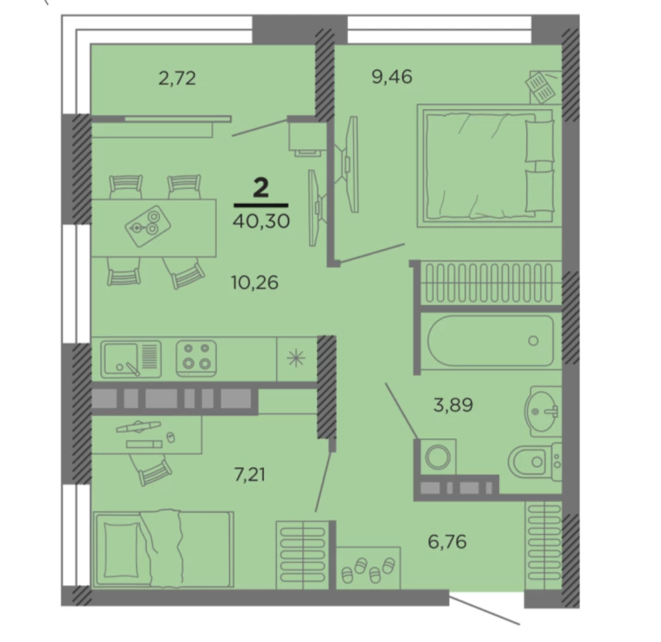 2-х комнатная квартира в Рязани площадью 38.94м2